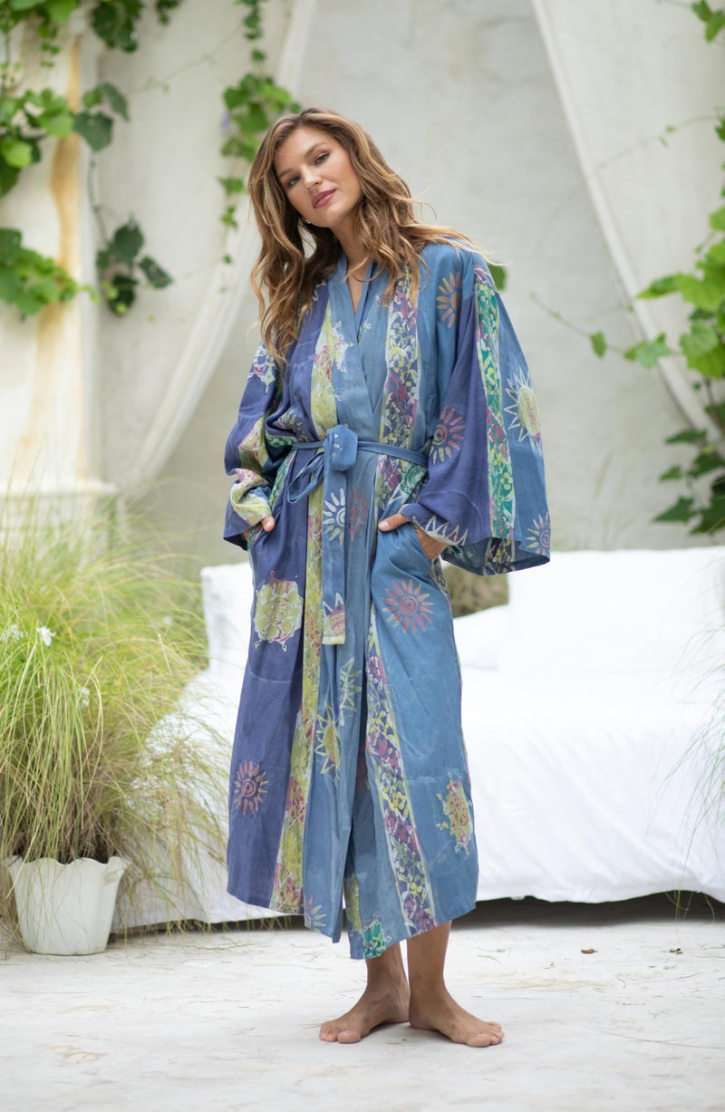 NOVICA Artisan Hand-Painted Long Kimono Patterned Robe with Pockets for Women Lightweight Loungewear from Indonesia ' Blue Baliku' - Image 2
